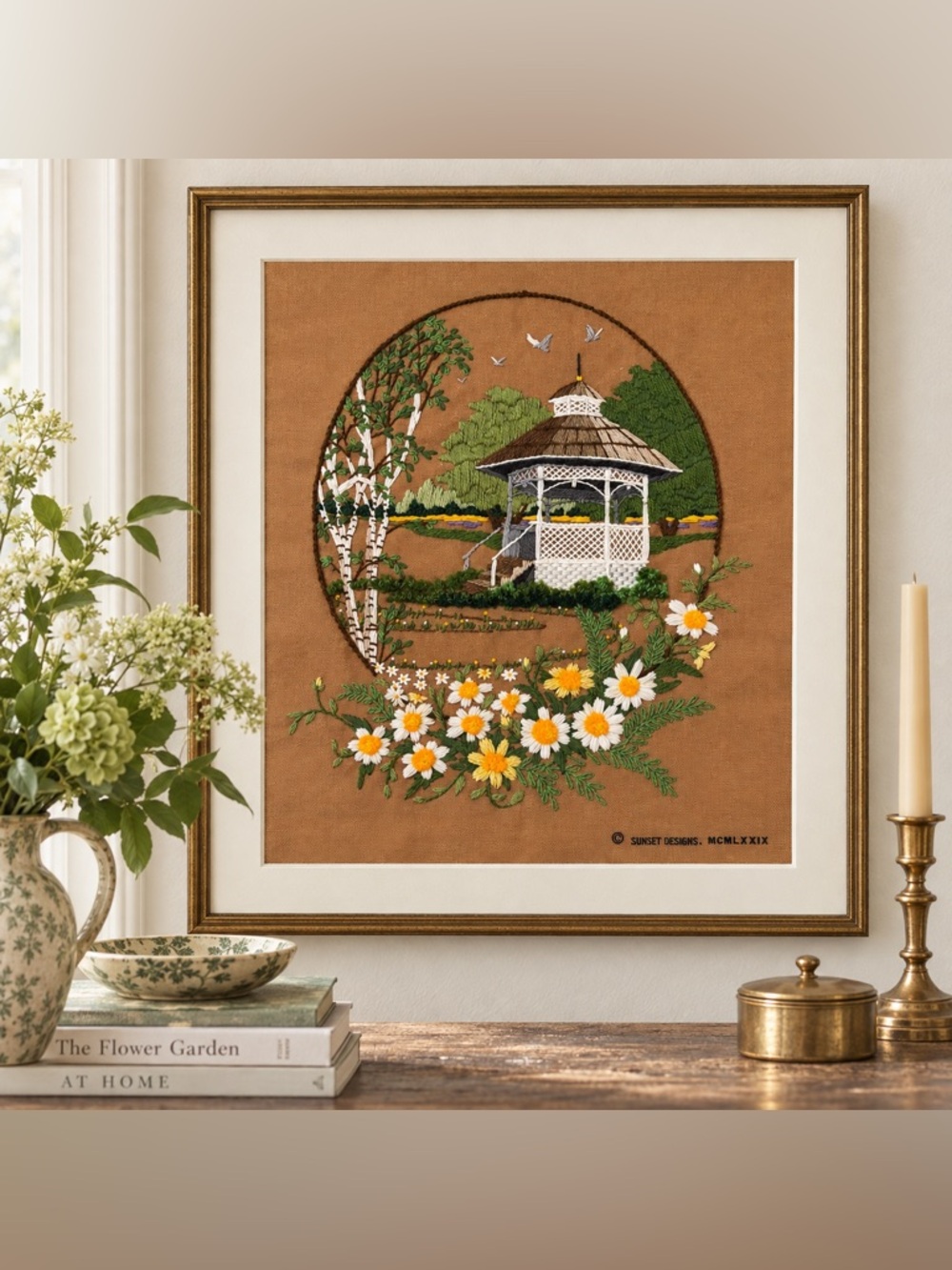 Vintage 1979 Sunset Designs Crewel Embroidery Gazebo Cottage Garden